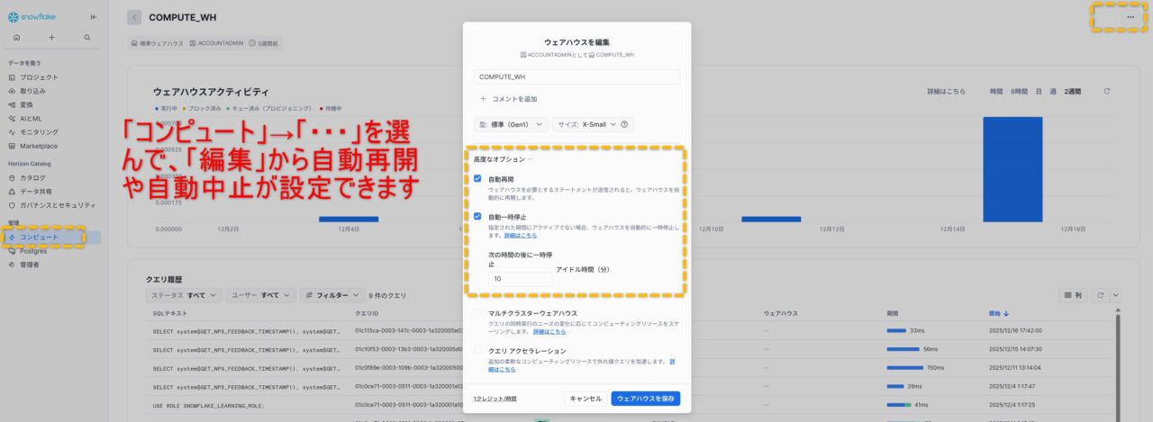 ウェアハウスの自動停止